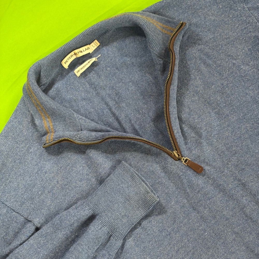 Peter Millar 100% Extrafine Italian Merino Wool 1/4 Zip Sweater Mens L Blue EUC
